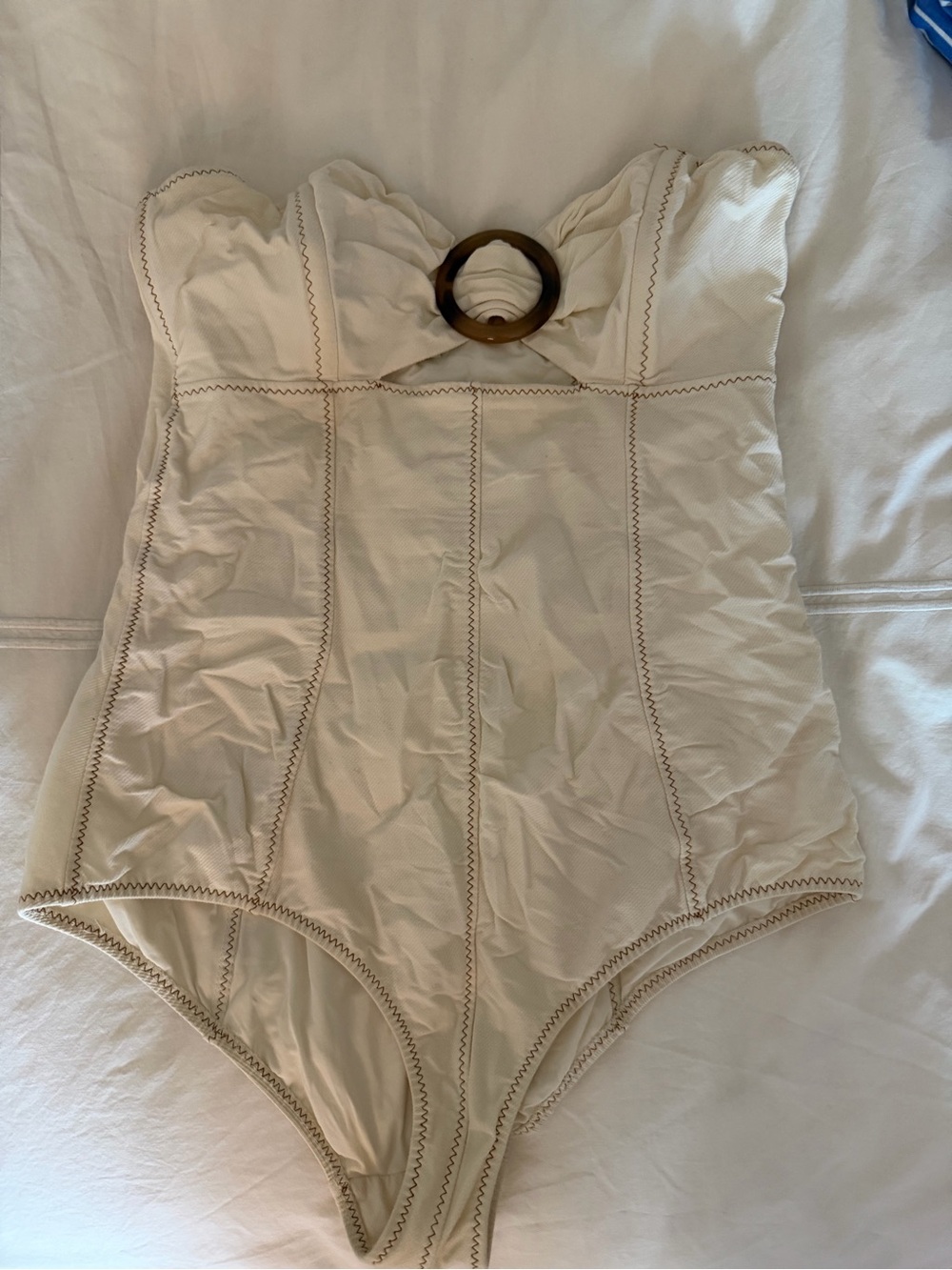 Lisa Marie Fernandez Ivory One-Piece Swimsuit with Tortoiseshell Ring